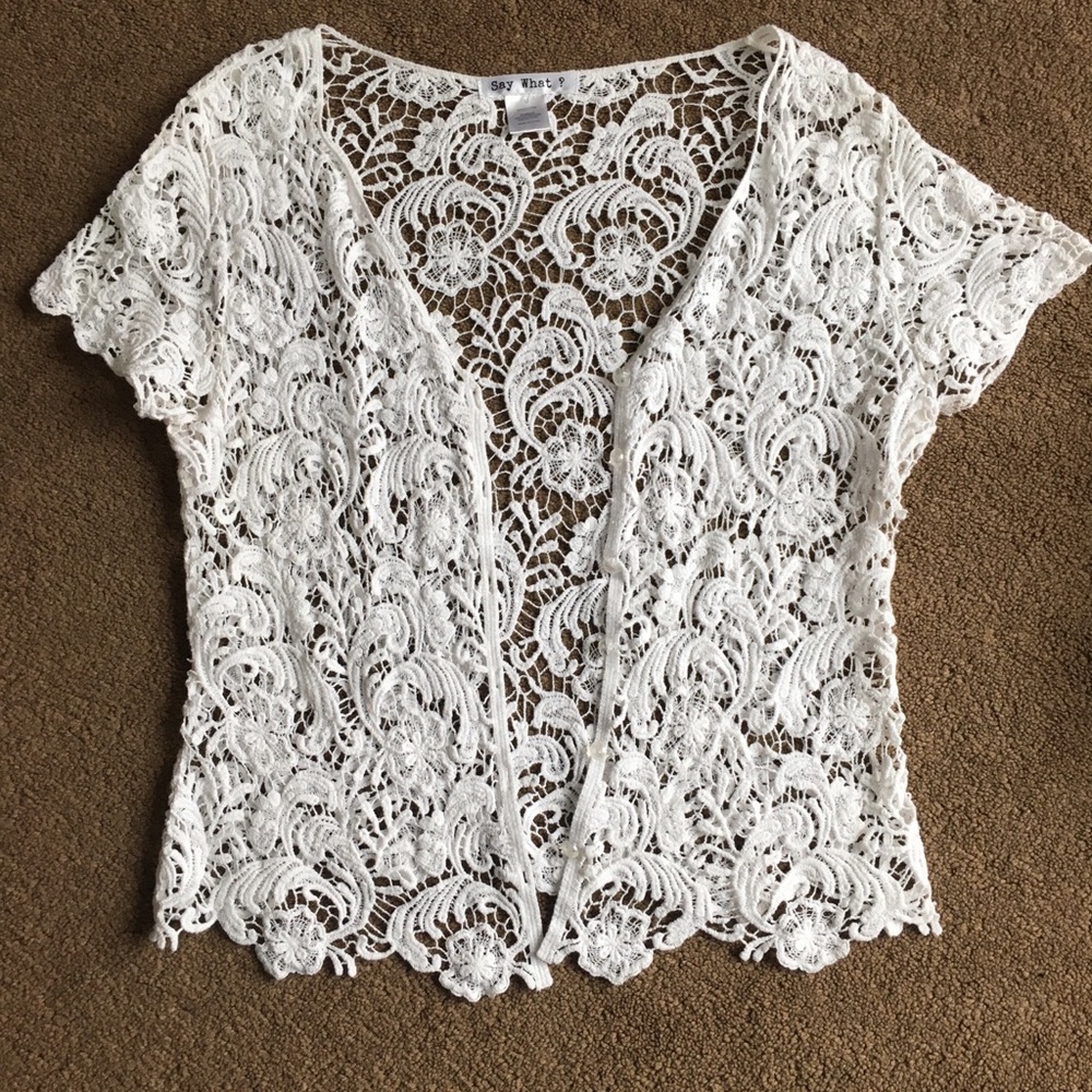 White crochet lace short sleeve cardigan